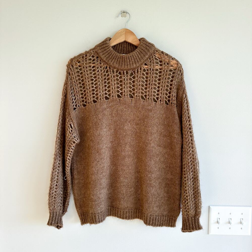 Sita Murt Anthropologie Wool Blend Mock Neck Crochet Pullover Sweater Brown 36